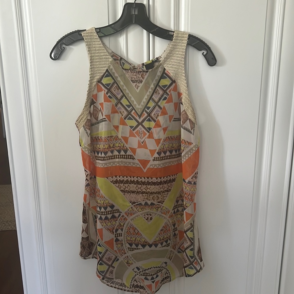 TJ collection multi colored shear tank top with leather detail-open cowl back-Sm